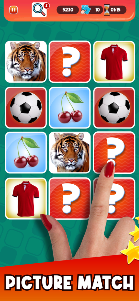 Picture Match: Memorama - A hand matching cards with animals and objects in the Picture Match game