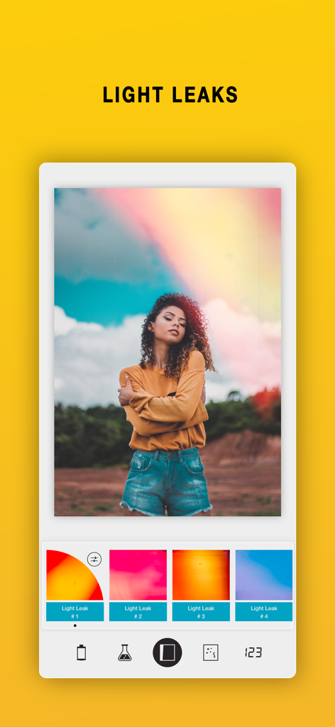 I Love Film app interface showing light leak filters applied to a vintage style photo