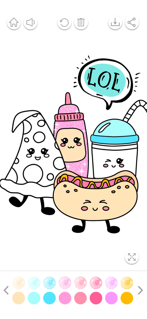 Pagina da colorare con personaggi di cibo kawaii con vernice glitter e palette di colori