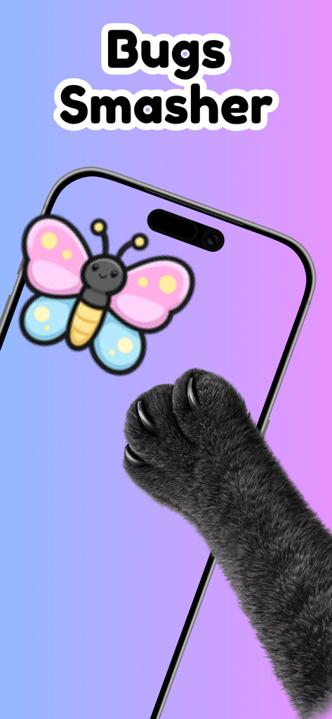 Cat Games for Cats - A black cat paw reaching to touch a digital butterfly on a smartphone screen in the Bugs Smasher game
