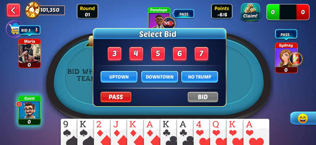 Spades Bid Whist: Card Games - Pantalla de juego de Spades Bid Whist mostrando un menú de pujas con opciones Uptown y Downtown.