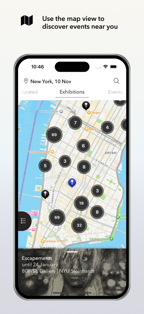 ArtRabbit - Mobile app map interface showing clusters of contemporary art exhibitions in New York City