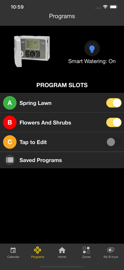B-hyve Pro app interface showing program slots for spring lawn and shrub irrigation with smart watering enabled
