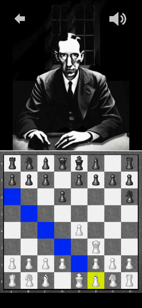 Lovecraft Chess and Checkers - Mobile gameplay of a chess match against H.P. Lovecraft in a vintage black and white style
