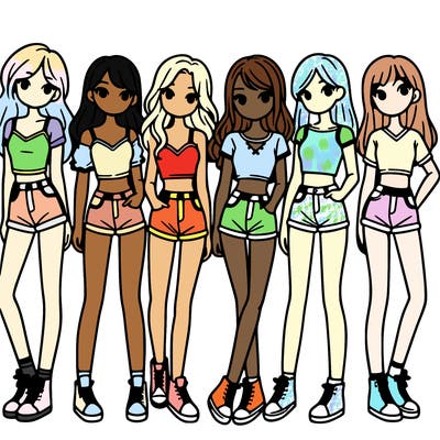 a group of girls wearing crop tops and shorts