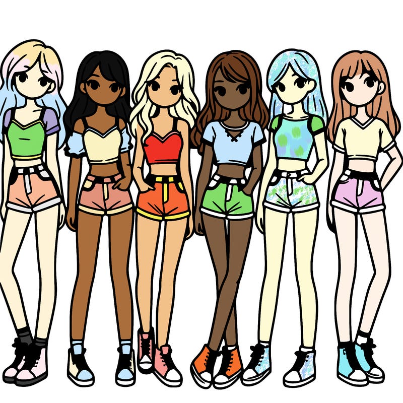 a group of girls wearing crop tops and shorts