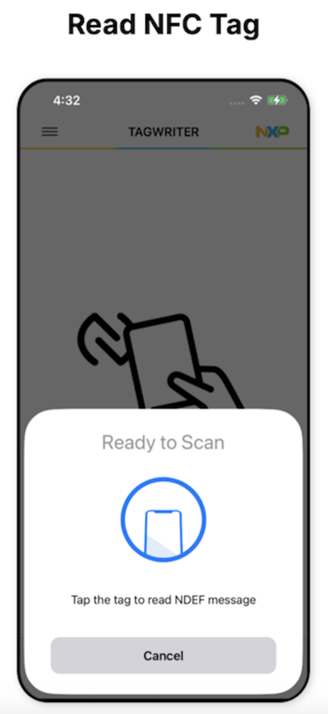A smartphone interface of the NFC TagWriter by NXP app showing a Ready to Scan modal to read an NFC tag.