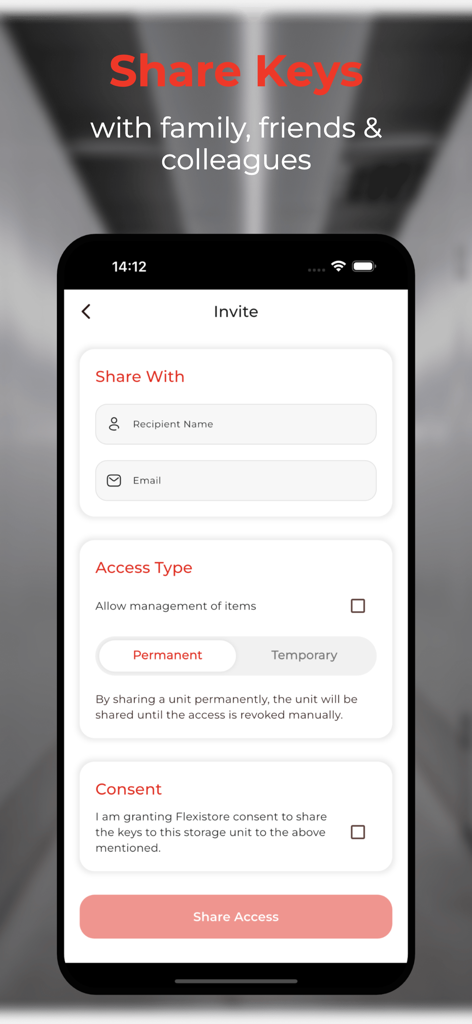 Flexistore mobile app interface showing the digital key sharing feature for family and friends
