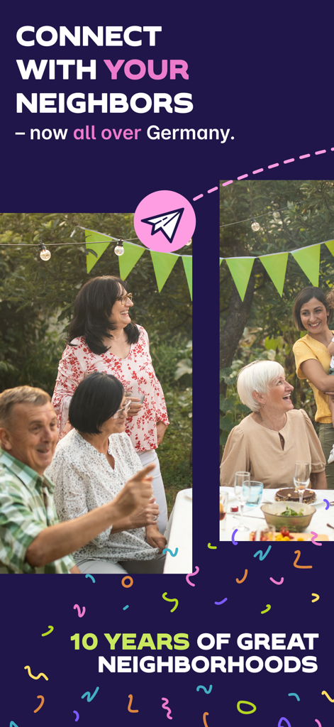 nebenan.de - Diverse neighbors socializing at an outdoor gathering with the text Connect with your neighbors