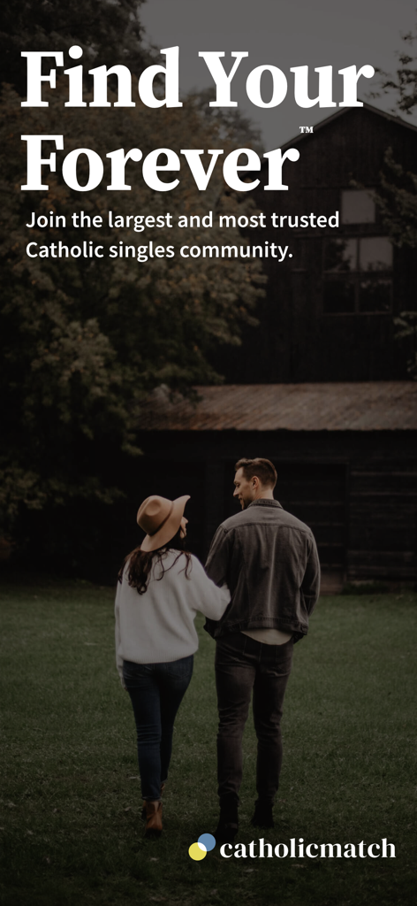Tela do aplicativo de namoro CatholicMatch com um casal e o slogan 'Encontre Seu Para Sempre'