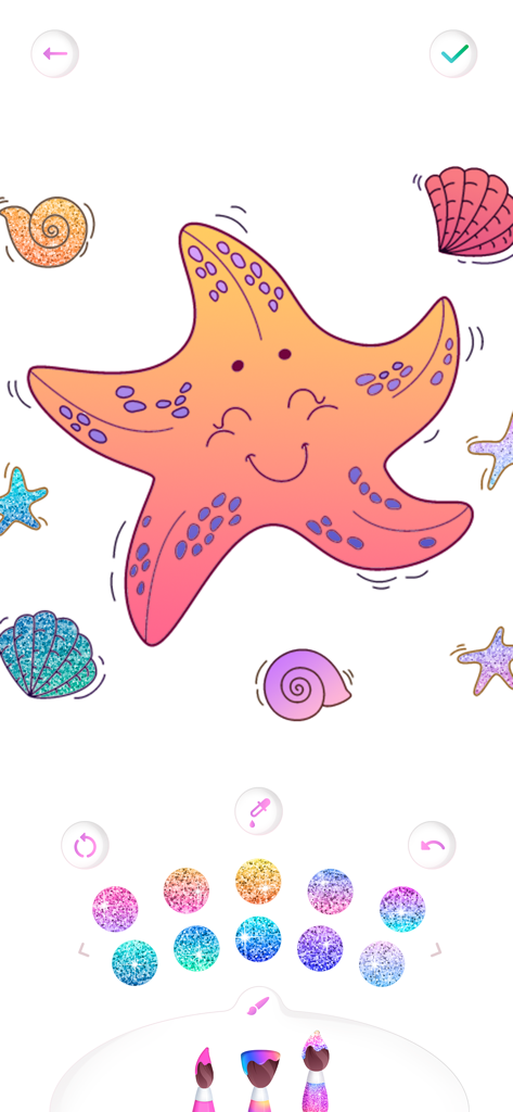 Mermaid coloring book kids - Starfish coloring page with glitter and gradient paint options in the Mermaid coloring book app for kids