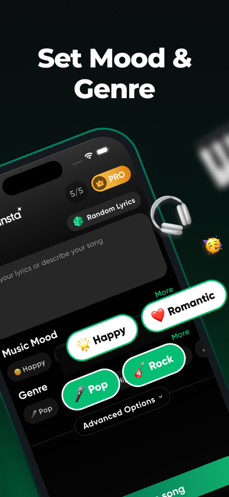 Interface of the SongInsta app showing selection buttons for music mood and genre like Happy, Romantic, Pop, and Rock.