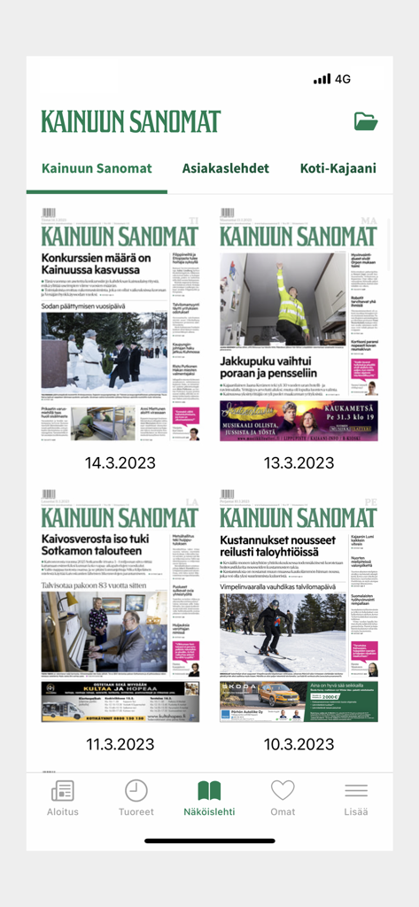 Aplicación Kainuun Sanomat que muestra una cuadrícula de réplicas digitales de periódicos.