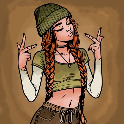 realistic teenage girl with braids and a beanie and crop top doing 🫶🏼