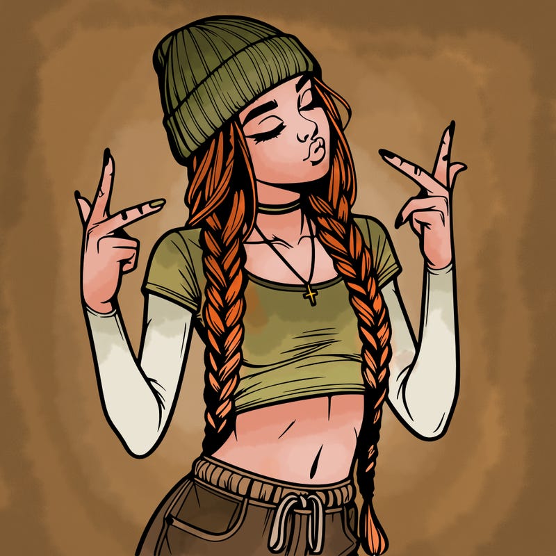 realistic teenage girl with braids and a beanie and crop top doing 🫶🏼