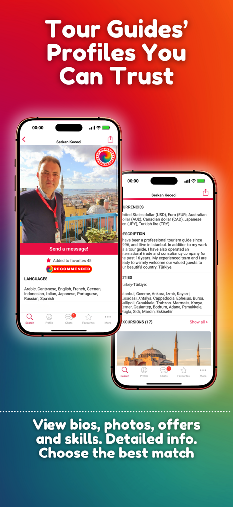 Private Guide World - Detailed professional tour guide profiles in the Private Guide World app featuring bios and excursion details