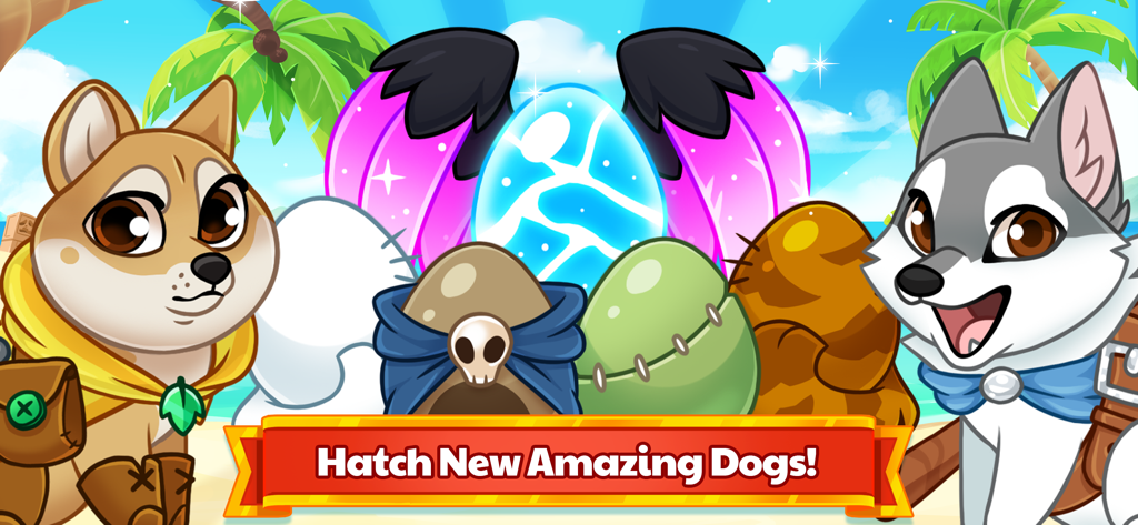 Dungeon Dogs - Idle Hero RPG - Two cartoon dogs standing next to colorful fantasy eggs with a banner saying Hatch New Amazing Dogs