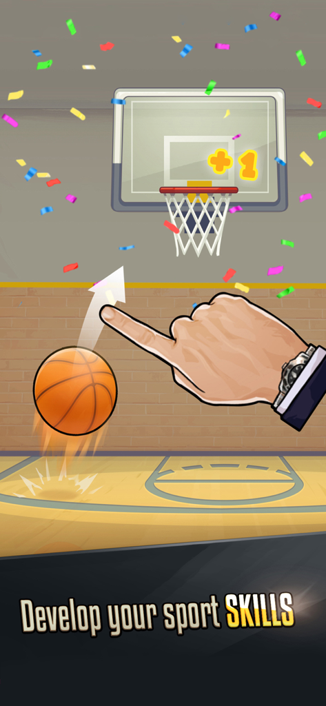 Un mini-jeu de basket-ball dans l'application de simulation de vie de rencontres PUA montrant une main lançant un ballon dans un panier