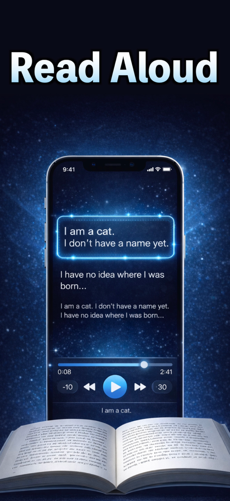 Interfaccia dell'app Voice Reader che legge testo ad alta voce con controlli di riproduzione e un libro aperto