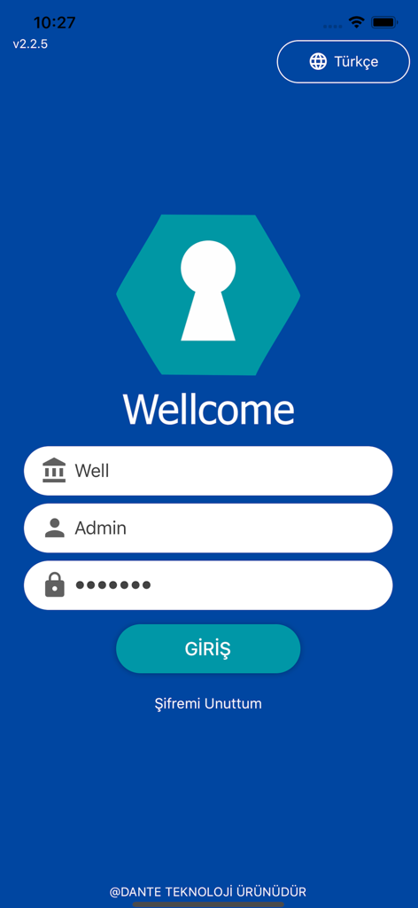 Wellcome - Écran de connexion de l'application de gestion des visiteurs Wellcome avec des champs pour le nom de l'entreprise, le nom d'utilisateur et le mot de passe