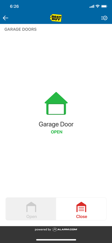Best Buy Assured Living app interface showing a garage door status as open with a close button