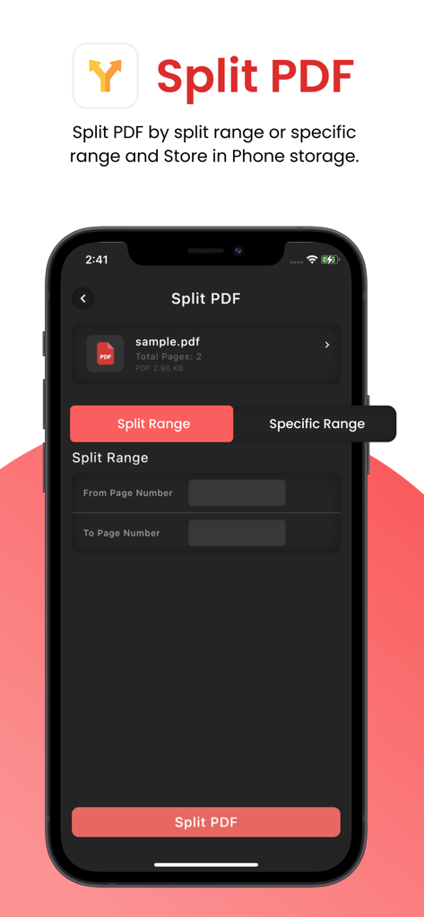 PDF Utils - Split,Merge & More - Interface of the PDF Utils mobile app showing options to split a PDF by page range