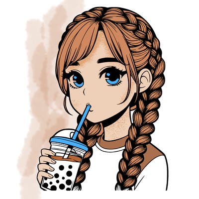 realistic girl with braided hair drinking boba