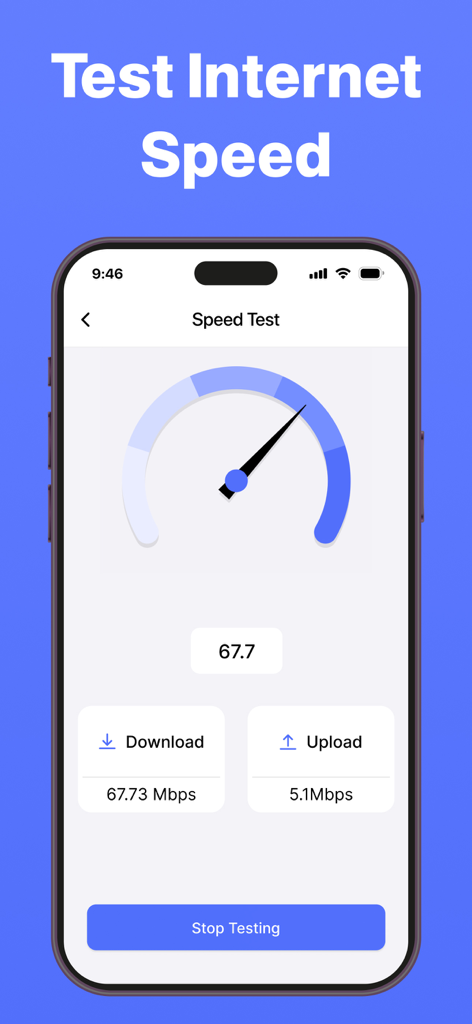 Mobile app speed test interface showing download and upload speeds with a gauge