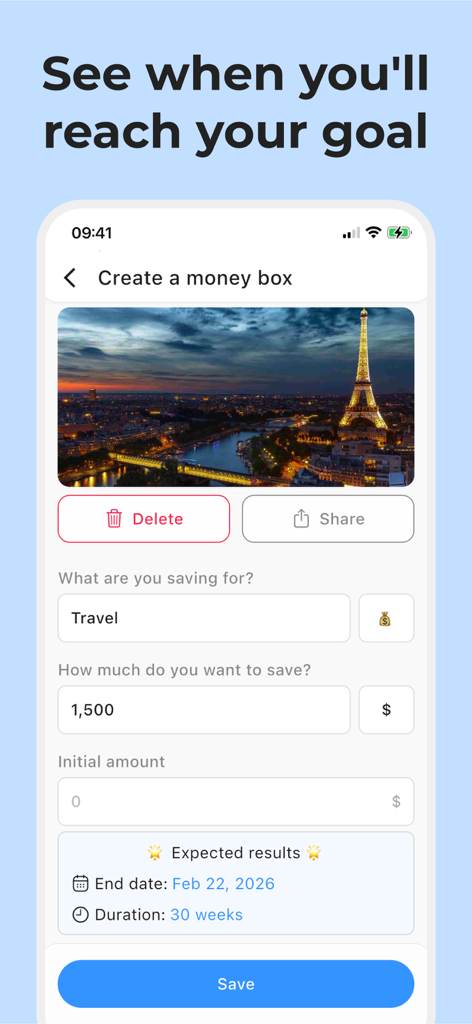 Savings Tracker: My Piggy Bank - Interface for creating a new savings goal for travel featuring an image of the Eiffel Tower and expected completion date