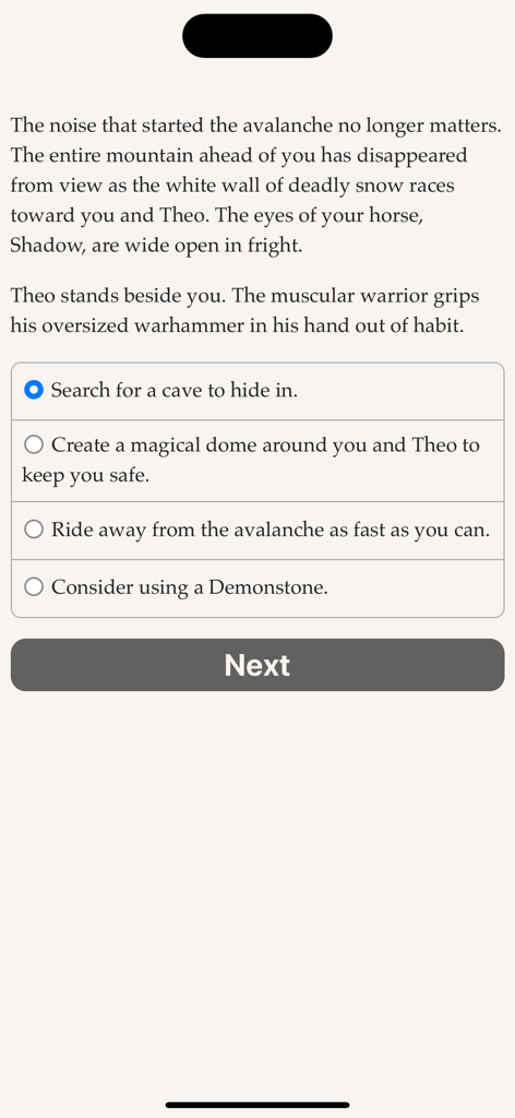 The Lost Heir 2 - Text-based gameplay screen of The Lost Heir 2 showing narrative choices for surviving an avalanche scene.