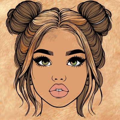 realistic girl with two buns on her hair and lips