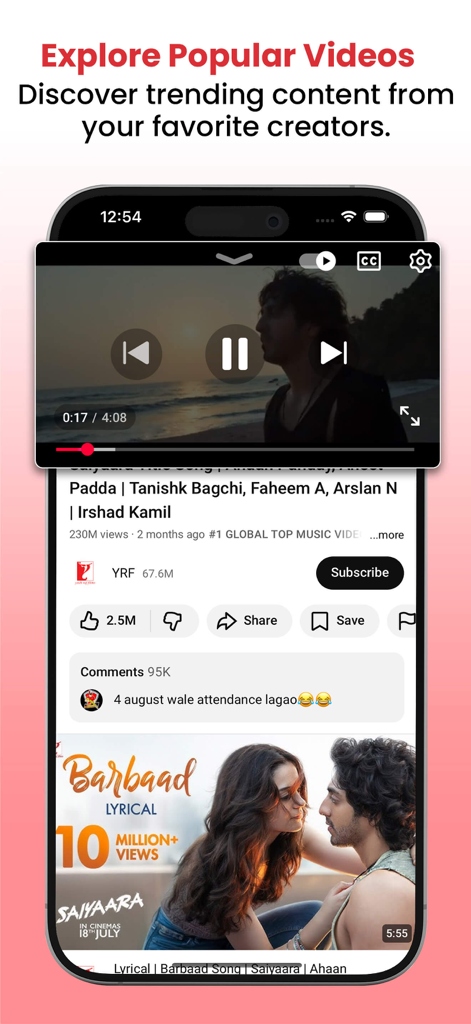 VidTube - PIP Video Player - Smartphone screen showing VidTube app with popular trending music videos and playback controls