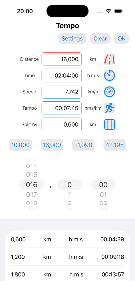 Tempomat - Tempomatアプリのインターフェース。距離、時間、スピード、スプリットインターバルの入力があるランニングペース計算機が表示されています。