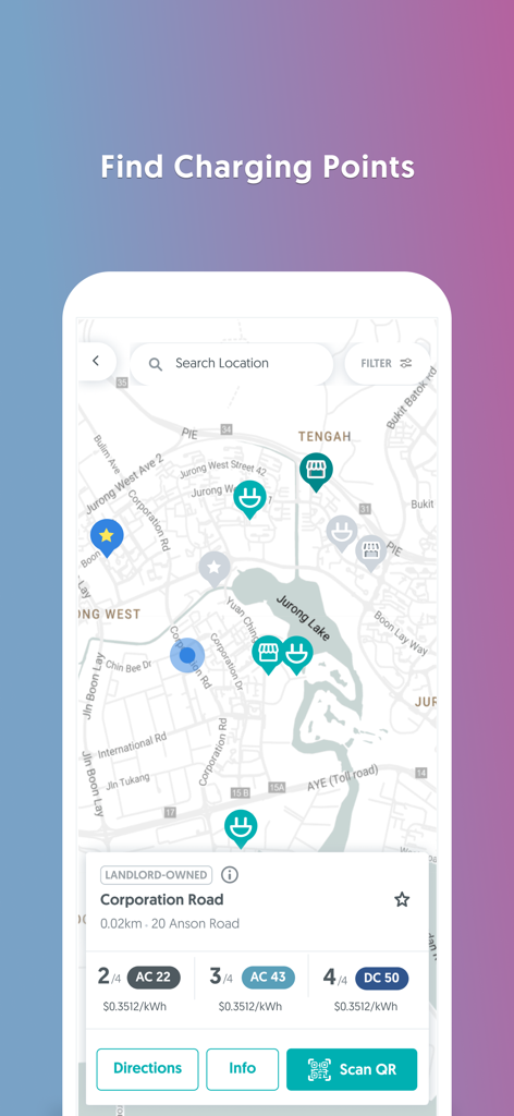 SP: Utilities & EV Charging - Map interface of the SP app displaying available electric vehicle charging stations and real-time charger status.