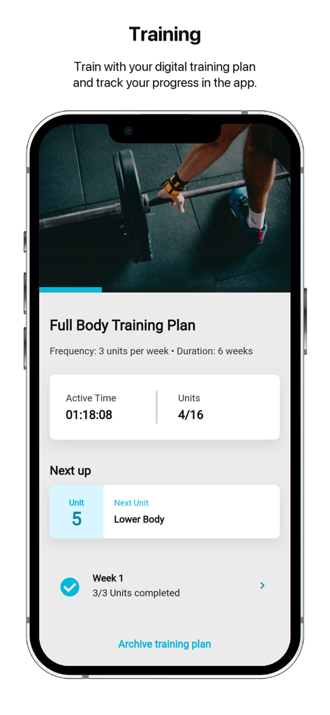 NonStop Gym - Schermata dell'app mobile che mostra un piano di allenamento per tutto il corpo con monitoraggio del tempo attivo e dei progressi unitari.