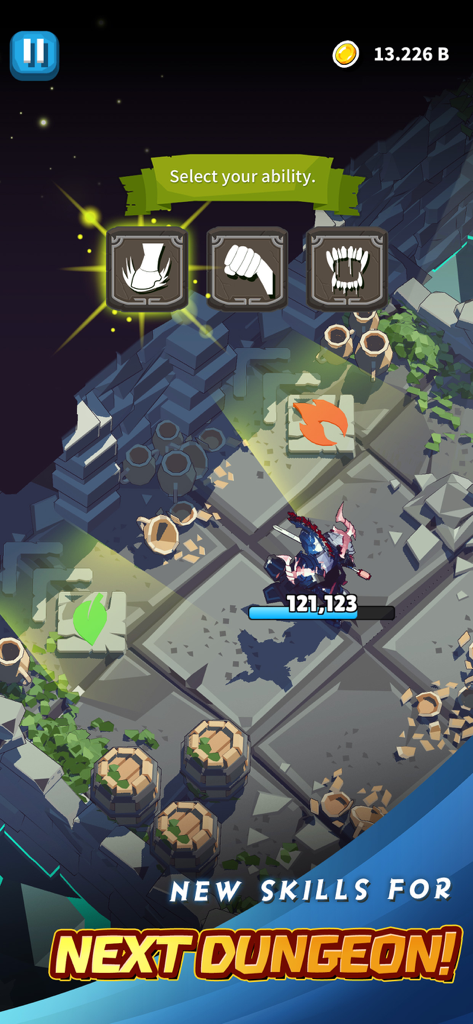 Ability selection screen in Dungeon of Gods mobile RPG showing three skill icons
