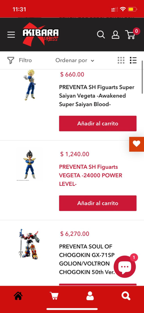 Akibara Xpress - Interfaz de la aplicación móvil para Akibara Xpress que muestra una lista de productos de figuras de anime coleccionables como Vegeta y Voltron