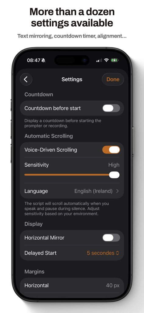Settings menu of the Teleprompter app showing voice-driven scrolling and text mirroring options.