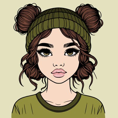 realistic girl with buns in her hair with a beanie on