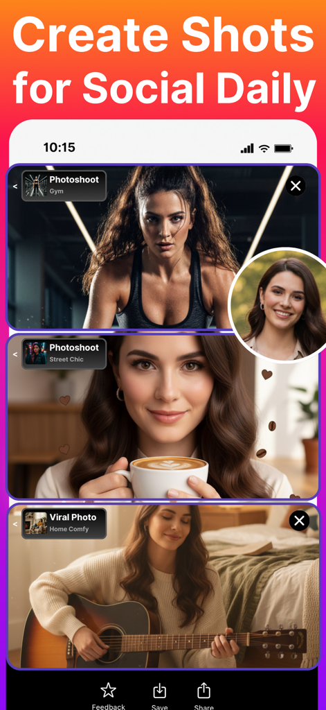 Aplicación Generador de Fotos IA que muestra múltiples estilos de sesión de fotos para redes sociales a partir de un solo retrato.