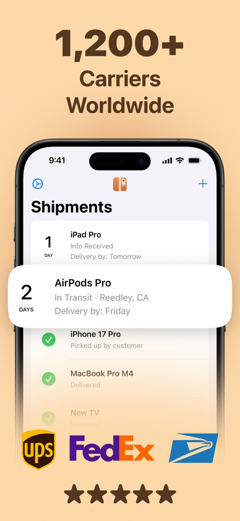 Interface of the Package Tracker app showing a list of shipments from various carriers like UPS FedEx and USPS