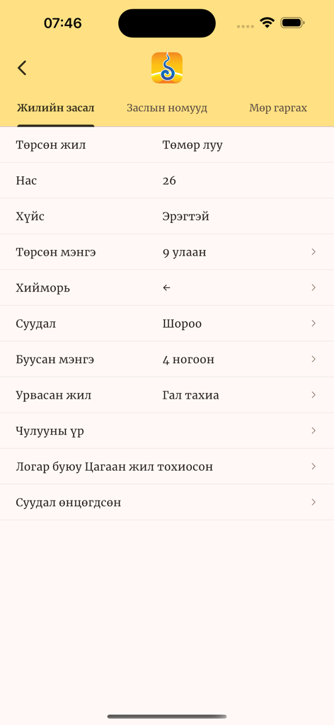 A screen from the Mongol Calendar app displaying yearly astrological readings and ritual recommendations in Mongolian script.