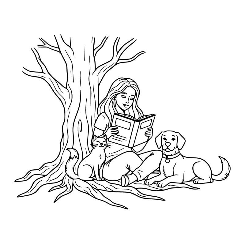 a girl sitting next two a tree reading a book with a cat sitting next two her and a dog next two the cat.