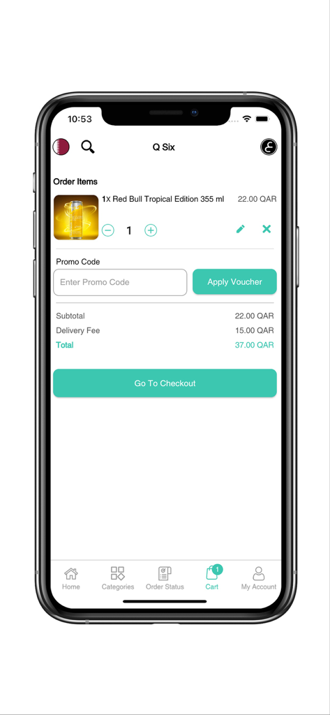 Interface mobile du panier d'achat Q Six Qatar montrant le sous-total d'une boisson et le bouton de paiement