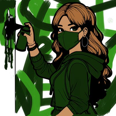 realistic girl with mask spray painting a wall