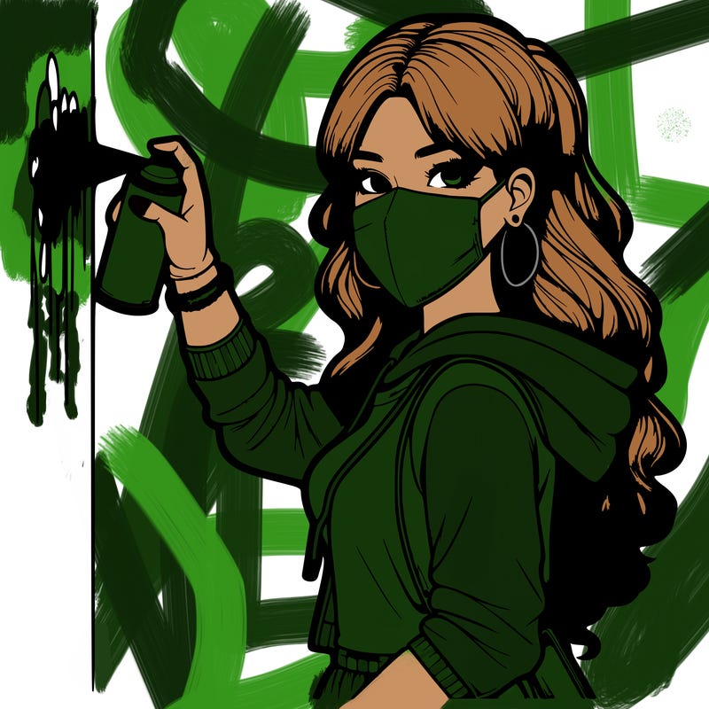 realistic girl with mask spray painting a wall