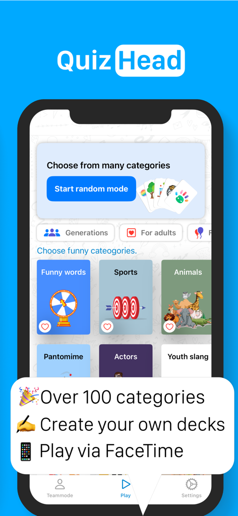 Interfaz de la aplicación QuizHead mostrando múltiples categorías de juegos como deportes y animales con un botón para iniciar modo aleatorio