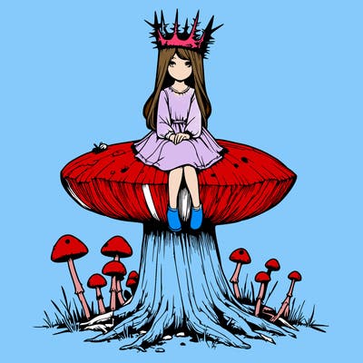 realistic girl sitting on a huge tree stump size toadstool with thorn crown