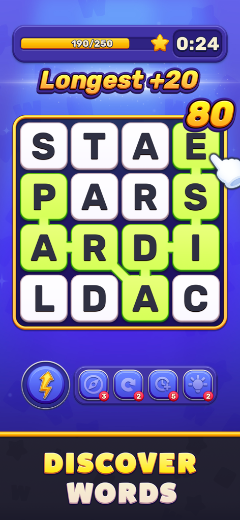 Wordster - Wordster gameplay showing a 4x4 letter grid puzzle with a timer and progress bar