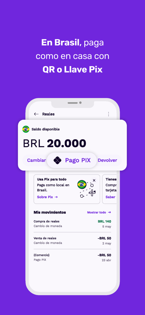Prex Chile - Cuenta Digital - Interface of the Prex app showing Brazilian Reals balance and the option to pay using PIX QR codes